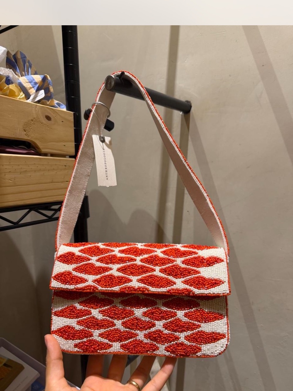 Anthropologie Red and White Beaded Crossbody Bag